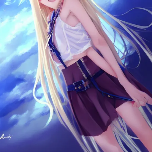 Image similar to a very beautiful anime cute girl, full body, long wavy blond hair, sky blue eyes, full round face, short smile, fancy top, miniskirt, front view, medium shot, mid-shot, highly detailed, cinematic wallpaper by Stanley Artgerm Lau