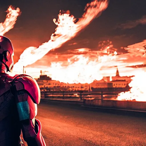 Image similar to < photo hd stunning reimagined mood = gritty, dark gaze = camera, threatening > iron man shooting flames from his hands, burning city in the background < / photo >