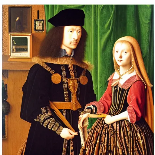 Image similar to the arnolfini portrait, highly accurate, 8 k, highly ornate intricate details,