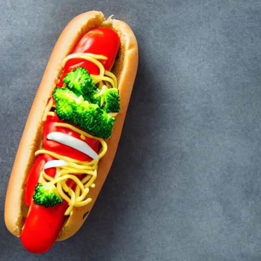 Prompt: photo shoot portrait of a delicious hot dog with broccoli and spaghetti, mustard and ketchup, uhd, 8k, detailed,