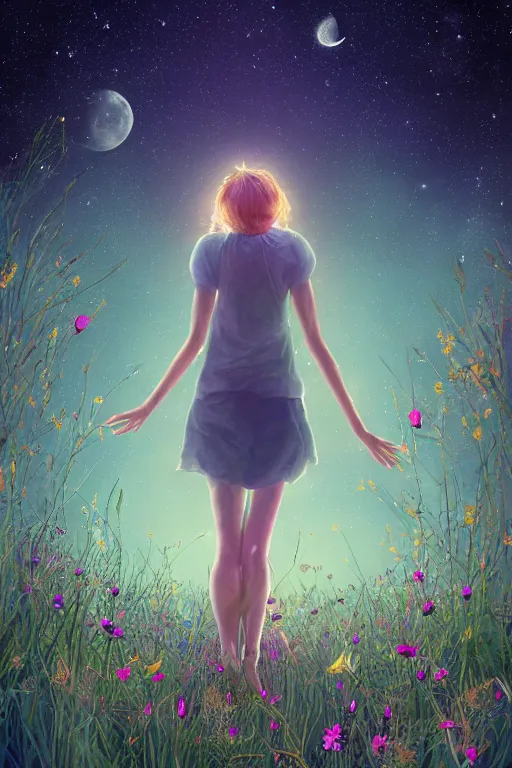 Image similar to breathtaking beautiful mystical illustration of a girl standing in a field of wild flowers gazing up at night sky, stars and milky way and moon, extreme foreshortening, bottom - up perspective, by akageno saru and thomke meyer and julia plath, trending on artstation and tumblr