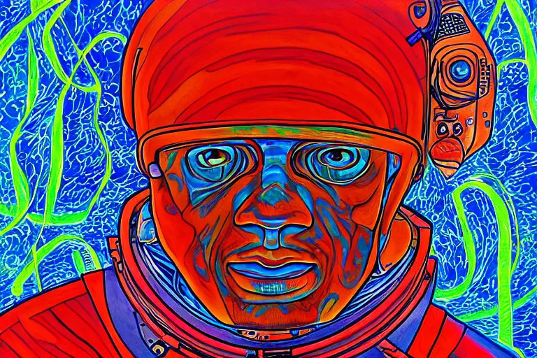 Image similar to a portrait of an astronaut in the style of alex grey,