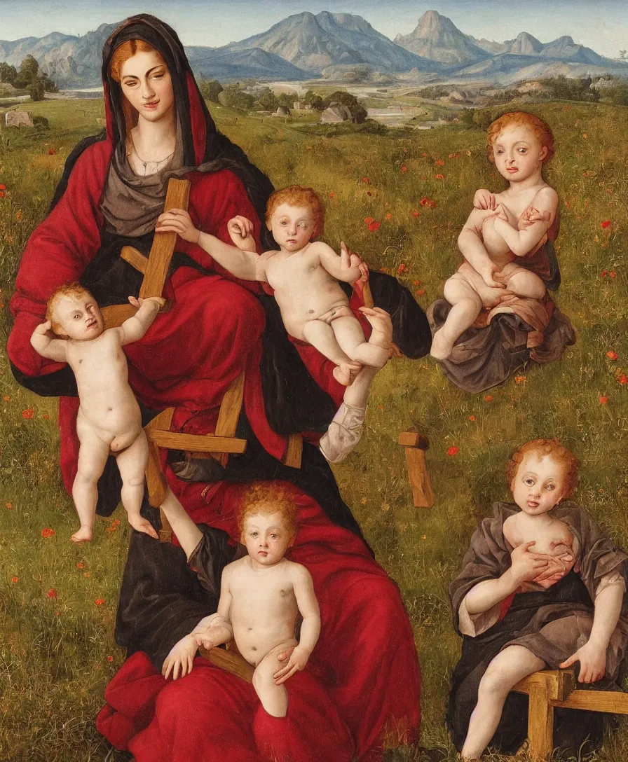 Prompt: Detailed Portrait of Madonna with infant Jesus playing with a cross and another boy in the style of Raffael. Curly red hair. They are sitting in a dried out meadow near Florence, red poppy in the field. Playing with a cross On the horizon, there is a lake with a town and mountains. Flat perspective.