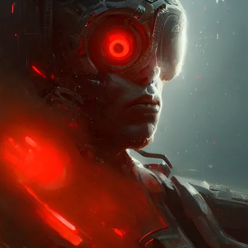 Image similar to cyborg warrior, red eyes, intricate, detailed, volumetric lighting, scenery, digital painting, highly detailed, artstation, sharp focus, illustration, concept art, ruan jia, greg rutkowski