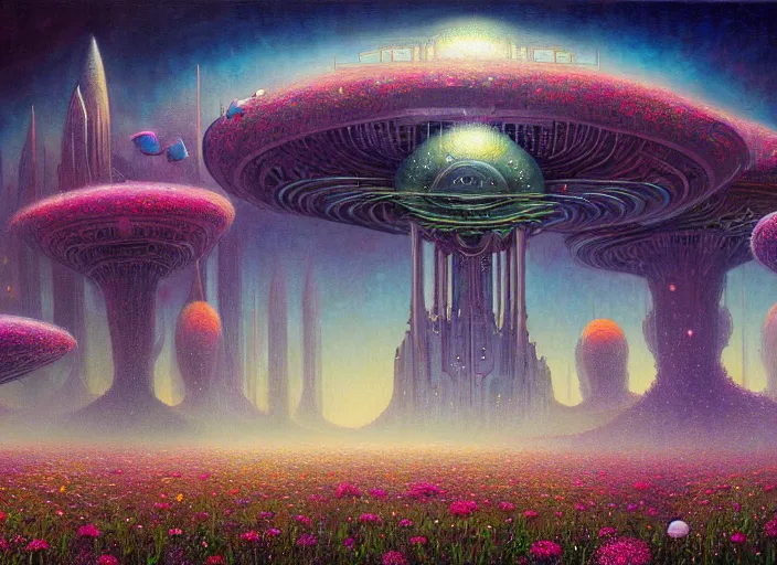 Image similar to a beautiful painting of a large alien city shrouded by mystic nebula magic in a field of flowers by moebius and android jones, oil on canvas sharp, details, hyper - detailed, hd, hdr, 4 k, 8 k