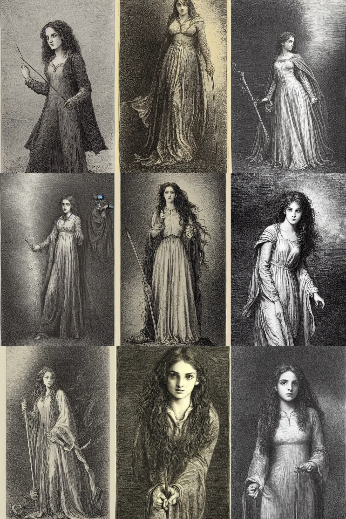 Prompt: Hermione Granger, engraving by Gustave Doré