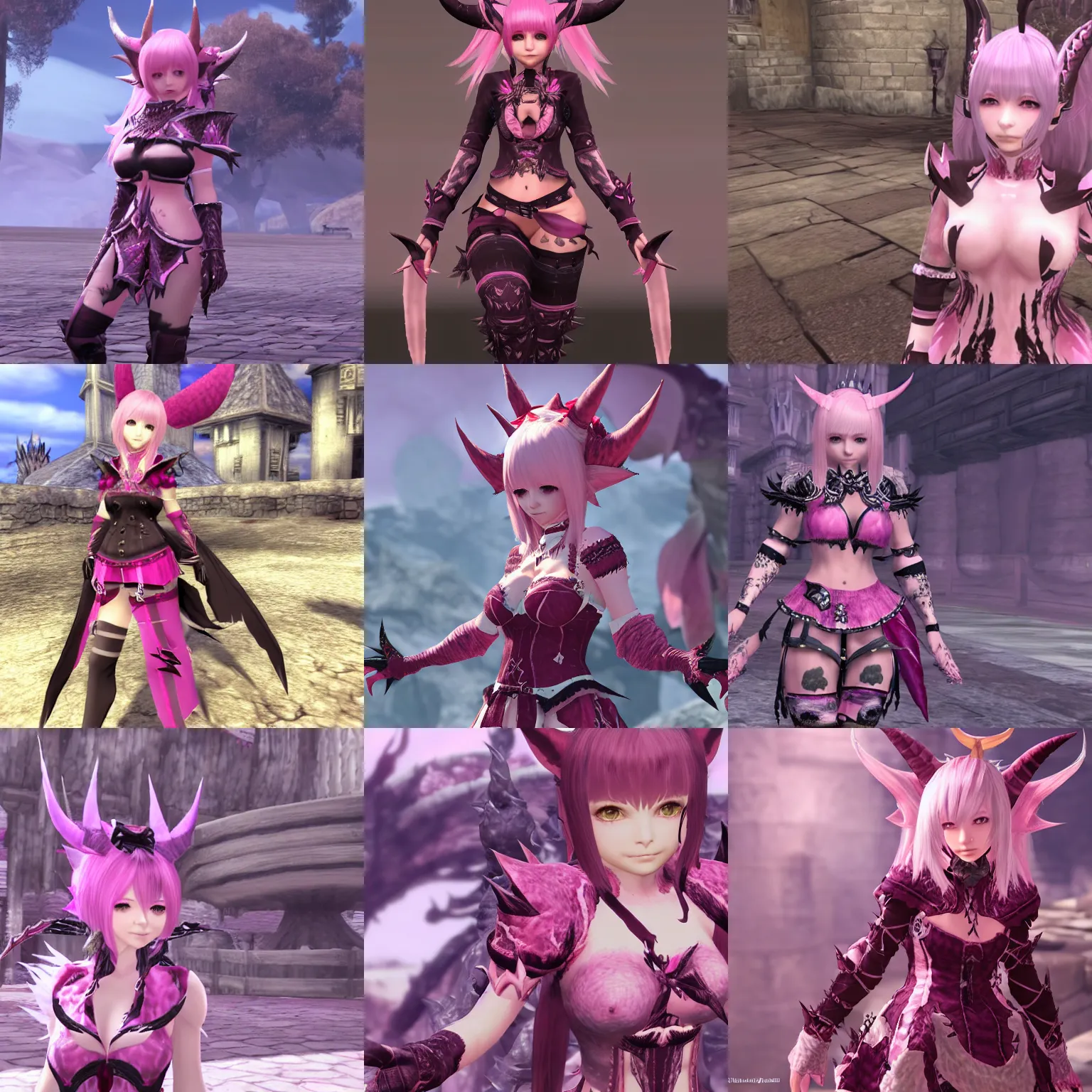 Prompt: A cute woman with horns, patches of scales, and a spiked tail, Au Ra, Final Fantasy XIV, pink clothing, ingame screenshot, friendly