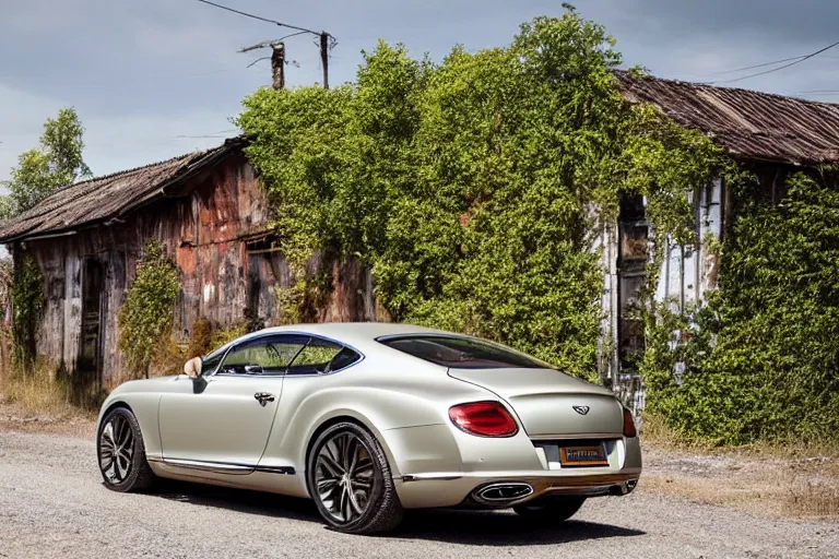 Image similar to modern rusty Bentley Continental GT without gloss drives along the road of an old Russian village with houses at the edges