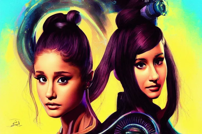 Image similar to ariana grande in the style of johan grenier and john picacio and alan m. clark, trending on artstation, bioluminescence tilt - shift blade runner 2 0 4 9, crayon art, futuresynth, splash art, post - minimalism