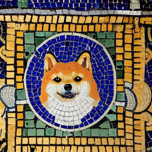 Prompt: an ancient roman tile mosaic depicting a shiba inu in a toga, a detailed masterpiece