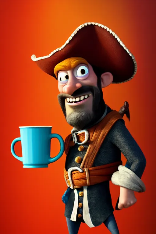 Image similar to portrait of the pirate blackbeard holding a cup of coffee, full body. pixar disney 4 k 3 d render funny animation movie oscar winning trending on artstation and behance. ratatouille style.