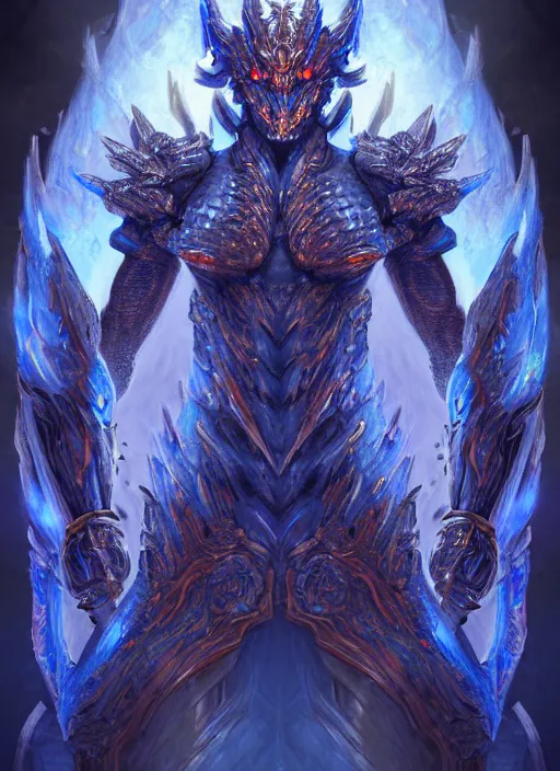 Image similar to muscular and tall blue ghostly fire humanoid dragon!!!! draconian!! intricate ornate iridescent heavy armor!! character concept art, sharp focus, octane render! unreal engine 5! highly rendered!! trending on artstation!! detailed linework!! illustration by artgerm, wlop, and chie yoshii