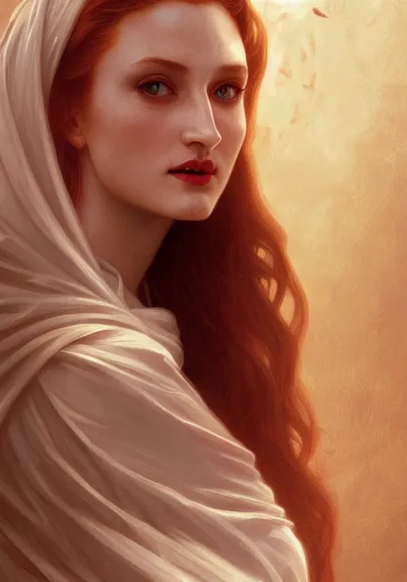 Prompt: sansa angeline jolie gessica chastain vampire teeth, intricate, elegant, highly detailed, digital painting, artstation, concept art, smooth, sharp focus, illustration, art by artgerm and greg rutkowski and alphonse mucha and william - adolphe bouguereau