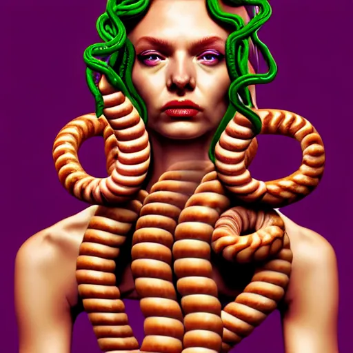 Image similar to medusa with sausages instead of snakes, sausage hair, photorealistic, illustration, intricate details, masterpiece, digital art, trending on artstation