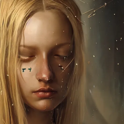 Image similar to epic cinematic shot of beautiful scandinavian princess with symmetrical face stunning eyes and long blonde standing against wooden wall surrounded full of bulletholes, weta disney pixar, hi - fructose, decadent highly - detailed digital painting, golden ratio, octane render, artstation, cinematic composition, smooth, sharp focus, artgerm, mucha, loish, wlop hdr