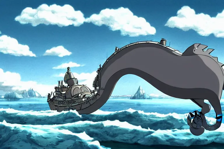 Prompt: cell shaded cartoon of a giant mechanized grey seahorse from howl's moving castle ( 2 0 0 4 ), floating above an icy river, full body, wide shot, very muted colors, post grunge, studio ghibli, highly detailed, deviantart, art by artgem