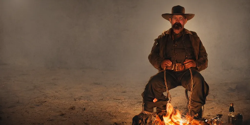 Prompt: portrait of rugged bandit cialien murphy ( ( alone ) ) in the old west, handcuffed by shackles at a campfire, holding a canteen, volumetric lighting, cinematic, dark, grim