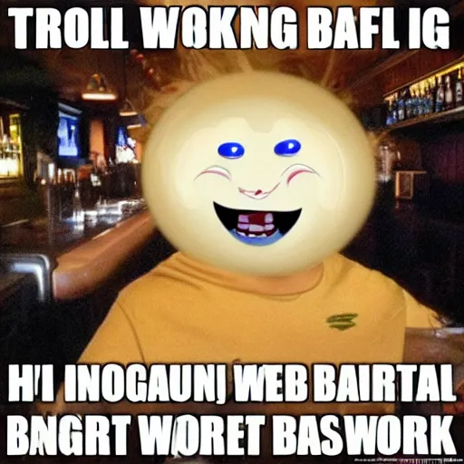 Prompt: troll face working in a bar