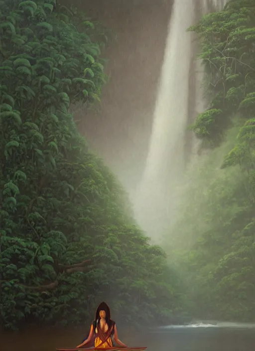 Image similar to an indigenous woman meditating near a river in the amazon jungle, art by christophe vacher