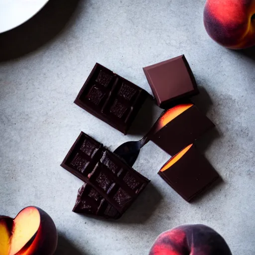 Image similar to beautiful pastry photography cherry black chocolate peach brutalism in a plate, 80mm lens