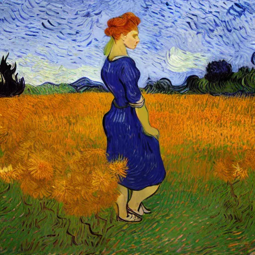 Prompt: Fair skinned young woman, large field, flowers, beautiful, art, 8k, sunset, skyline, young woman in a dress, wind, trees in background, picking flowers, summer night, dynamic lighting, Vincent van Gogh oil painting, off center, large brush strokes, post impressionism, orange, yellow, red, blues, fine art