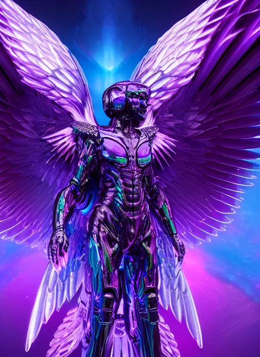 Prompt: a photo of 8 k ultra realistic archangel with 6 wings, full body, intricate purple and blue hard surfaces, futuristic, science fiction themes, highly saturated colors, holographic undertones, overdetailed art, concept art, detailed illustration, hd, 4 k, octane rendered