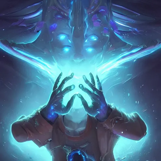 Image similar to glowing magic hands with fingers floating in the air, hands, fingers, fingers, fingers, fingers, fingers, fingers, hands, glowing fingers, blue theme, bright art masterpiece artstation. 8 k, sharp high quality artwork in style of jose daniel cabrera pena and greg rutkowski, concept art by tooth wu, blizzard warcraft artwork, hearthstone card game artwork, human anatomy