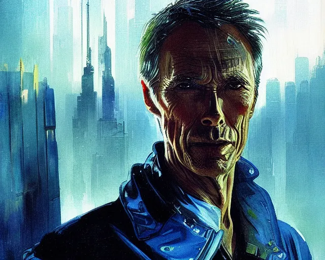 Image similar to 2 0 1 8 blade runner movie still young clint eastwood look at the cityscape from roof perfect face fine realistic face pretty face reflective polymer suit tight neon puffy jacket blue futuristic sci - fi elegant by denis villeneuve tom anders zorn hans dragan bibin thoma greg rutkowski ismail inceoglu illustrated sand storm alphonse mucha