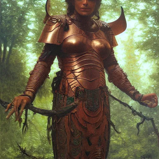 Image similar to a detailed, beautiful oil painting of a warrior wearing intricate, etched copper armor in an ancient forest, by michael whelan, donato giancola, and william adolphe bouguereau