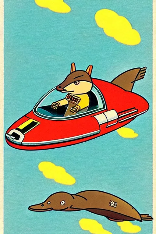 Image similar to by richard scarry. a platypus driving an x - wing. a 1 9 5 0 s retro illustration. studio ghibli. muted colors, detailed