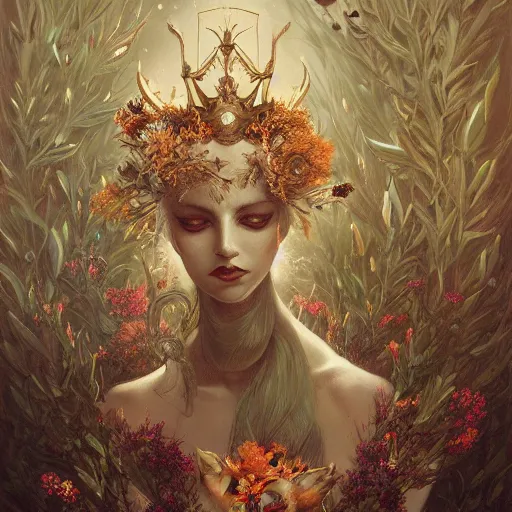 Image similar to fine art photo of the beauty goddess foxes, she has a crown of dried flowers, by peter mohrbacher