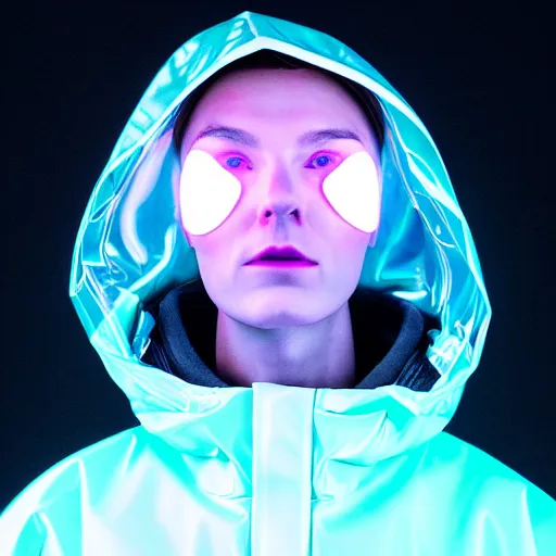 Image similar to an ultra high definition professional studio quality photograph of an artificially intelligent cyberpunk art influencer wearing a transparent iridescent pastel coloured face visor and matching raincoat on white coat hook in a sheer icelandic black rock environment. dramatic lighting. volumetric shadows. light rays