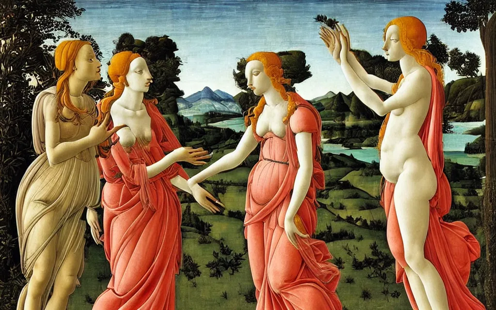 Image similar to sandro botticelli. very soft, delicate light. venus standing at a bus stop arguing with herself.