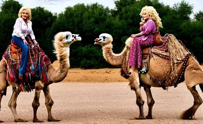 Image similar to Dolly Parton riding a camel and Robert De Niro riding an Ostrich in Slough. photo, 50mm, 150mp, XF IQ4, ISO 200