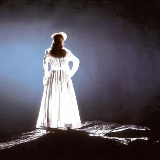 Prompt: photo, a woman in a giant flowing white dress standing in front of the projection of a vintage cowboy movie, standing inside a dark western rocky scenic landscape, volumetric lighting