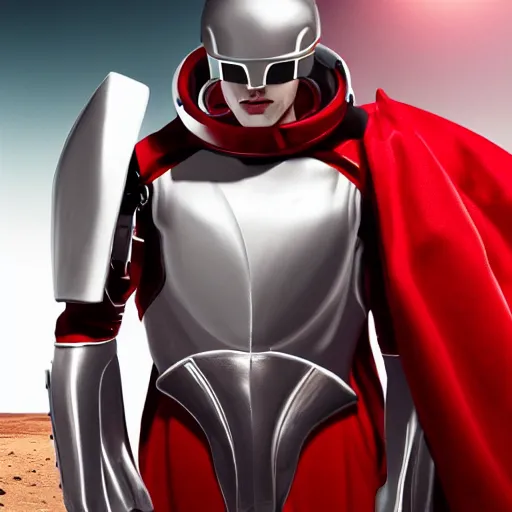 Image similar to portrait of a tall athletic muscular infantry man in glossy sleek white armor with tiny red details and a long red cape, heroic posture, on the surface of mars, night time, dramatic lighting, cinematic, sci-fi, hyperrealistic, movie still