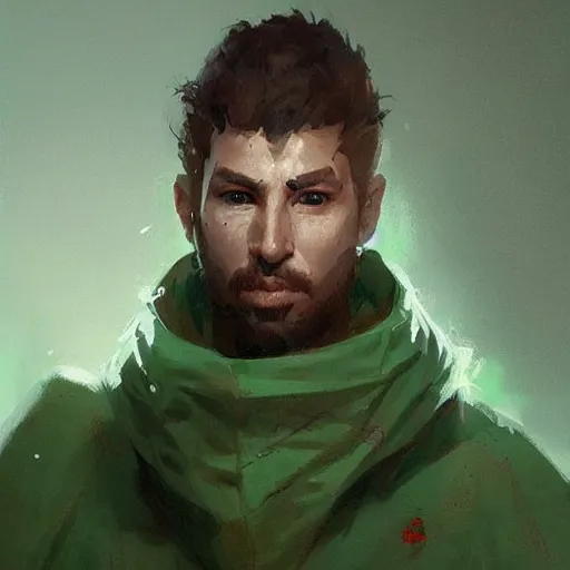 Image similar to portrait of a chad programmer with green hood by greg rutkowski
