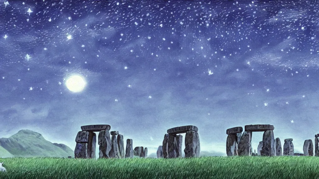 Image similar to a cell - shaded cartoon from princess mononoke ( 1 9 9 7 ) showing a huge ufo over stonehenge. in the background is machu pichu on a misty and starry night. very dull muted colors, hd, 4 k, hq