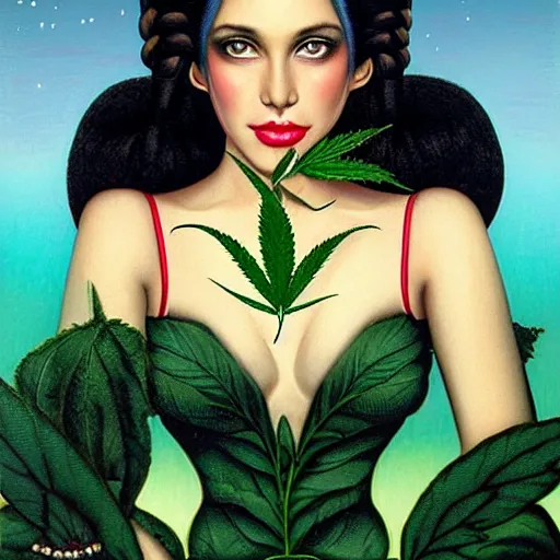 Prompt: princess of cannabis, young, beautiful, sexy, in a very dark green dress with pot leaves on it, very young girl, dark hair, braids, black hair, smoking a joint, fantasy painting, sexy, gerald brom, michael whelan, lips wrapped around a joint