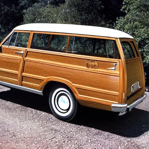 Image similar to 1 9 7 0's woody station wagon in the style of cybertruck