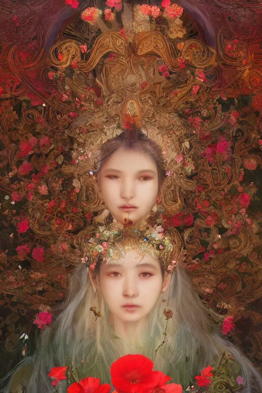 Image similar to breathtaking detailed concept art painting of the goddess of poppy flowers, orthodox saint, with anxious, piercing eyes, ornate background, amalgamation of leaves and flowers, by hsiao - ron cheng, extremely moody lighting, 8 k