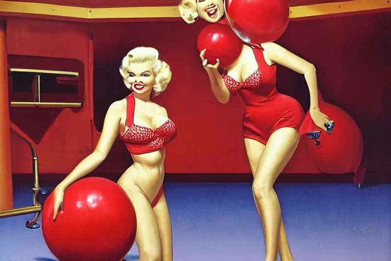 Prompt: jayne mansfield in a bowling alley with a perspective view of bowling pins at the end of the lane, jayne mansfield about to roll a large red bowling ball down a bowling land towards bowling pins, jayne mansfield holding a large red bowling ball with both hands in a provocative pose, by mort kunstler and gil elvgren