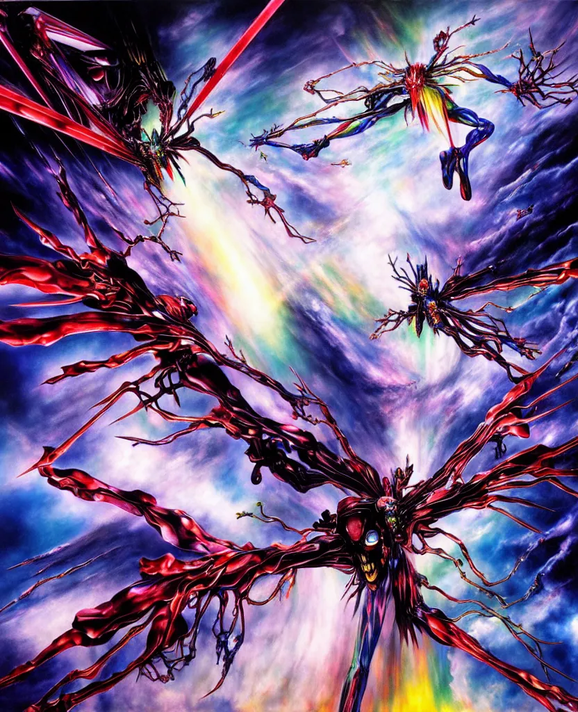 Image similar to realistic detailed image of ultra wrathful rainbow diamond iridescent mega neon genesis evangelion, depth perception, depth of field, action horror by ayami kojima, neo - gothic, gothic, part by adrian ghenie and gerhard richter. art by yoshitaka amano. masterpiece