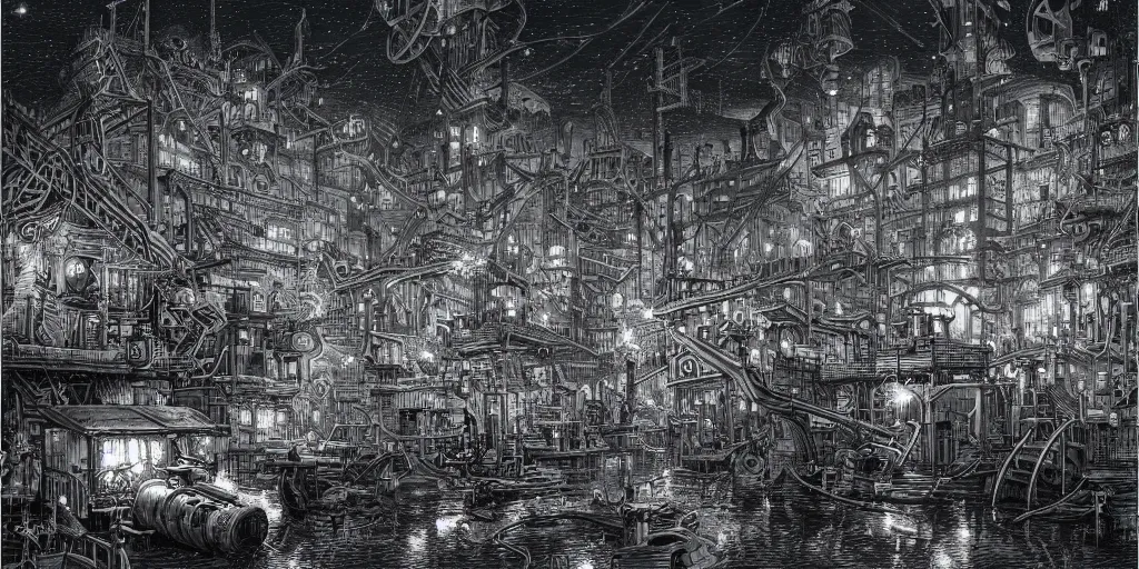 Prompt: Shipping yard at night by Joe Fenton & Raymond Swanland