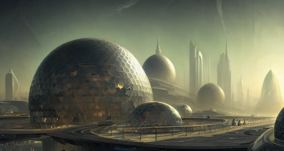 Image similar to cinematic shot, futuristic city on the moon, geodesic domes, digital painting, artstation, concept art, soft light, hdri, smooth, sharp focus, illustration, intricate, elegant, highly detailed, in the style of greg rutkowski and alphonse mucha and artemisia, 8 k, highly detailed, jurgens, rutkowski