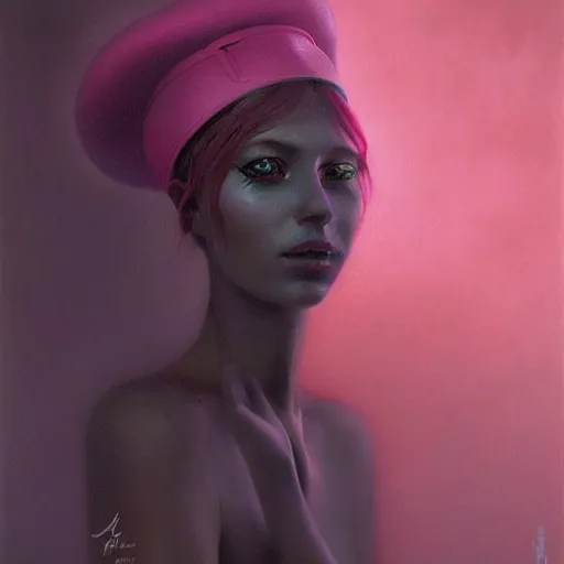 Image similar to portrait of beautiful young woman with flowing pink hair, wearing a black French beret hat, dark fantasy, Warhammer, artstation painted by Zdislav Beksinski and Wayne Barlowe