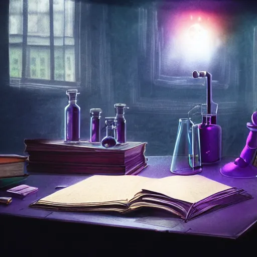 Image similar to dark purple highly poisonous potion, lit by a single ray of sunlight, on a table full of books in a dusty vintage science lab, hyperrealistic fantasy art, concept matte, ethereal, dreamy, digital art, trending on arstation, volumetric cinematic lighting