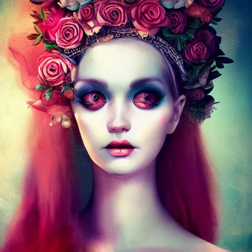 Prompt: of a woman,surreal Portrait inspired by Natalie Shau,Anna Dittman,flower crown,coral ,horns,cinematic