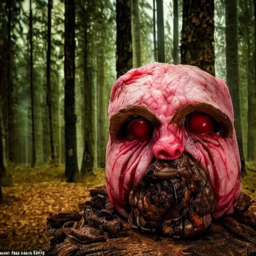 Image similar to big fat butcher with a scary face chops a piece of meat on the stump in a dark forest, old photo, scary, creepy, terrible atmosphere