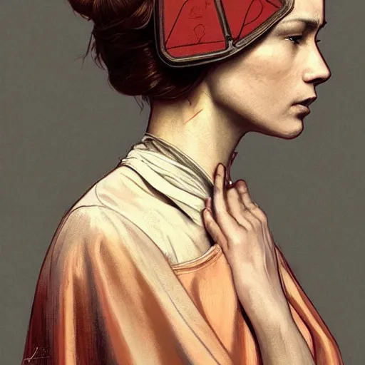 Image similar to portrait of a dystopian woman wearing an outfit inspired by the handmaid ’ s tale ( 2 0 1 7 ), intricate, headshot, highly detailed, digital painting, artstation, concept art, sharp focus, cinematic lighting, digital painting, art by artgerm and greg rutkowski, alphonse mucha, cgsociety